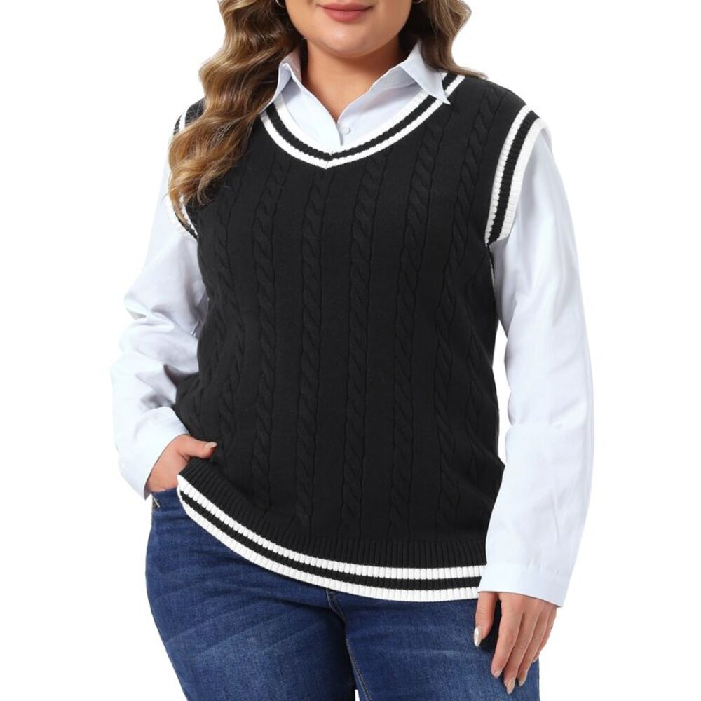 Women Plus Size V Neck Sleeveless Preppy Style Sweater Vest Black